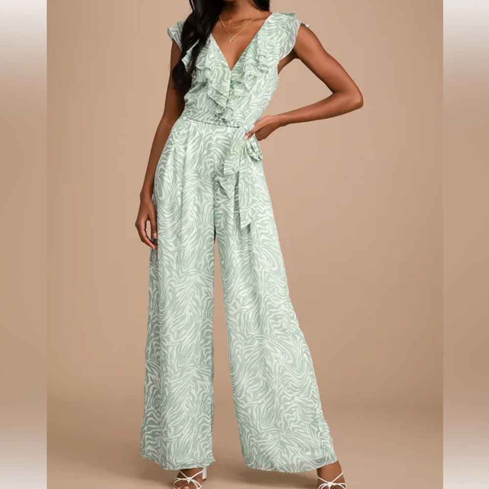 Lulus Vacay Vibes Sage Green Animal Print Ruffled Wide Leg Jumpsuit